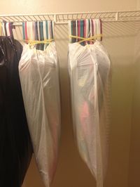 The fastest way to pack a closet. This also keeps your clothes on their hangers, for much faster unpacking. Hang in closet when you arrive and tear off the bag and you are done! This would also work for off season storage.