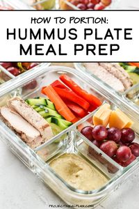 This Chicken & Hummus Plate Lunch Meal Prep is so simple yet incredibly delicious! Get back to basics with some fresh cut bell pepper, carrot, cucumbers, paired with a perfect portion of chicken breast, cheese slices, and grapes for a touch of sweetness. Simple portioning instructions included! #projectmealplan #mealprep #coldlunch #hummusplate #bistrobox