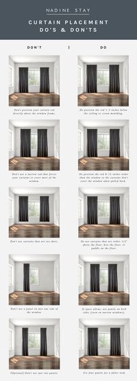 Curtain Placement Guide by Nadine Stay | Curtain placement do's and don'ts. How high to hang your curtain, how wide to place the rod, how long of curtains you should get, and how many curtain panels I recommend per window. | Nadine Stay