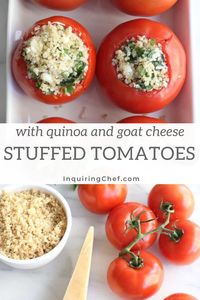 Stuffed Tomatoes with Quinoa are juicy red tomatoes packed with fresh herbs, hearty quinoa, and creamy goat cheese. It all comes together in a beautiful, make-ahead friendly package.