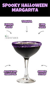 The Spooky Halloween Margarita is a hauntingly delicious cocktail that’s perfect for your Halloween festivities. With the deep, dark hue of activated charcoal and a touch of edible glitter, this margarita is both eerie and enchanting. Paired with the rich flavor of tequila añejo and the tangy brightness of lemon and lime juices, this drink is sure to cast a spell on your guests. #spookyhalloweenmargarita #halloweendrinks