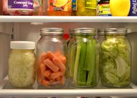 Store produce in mason jars in the fridge. Not only does it last longer (much longer!) But the inside of my fridge is much more colorful and eye catching!