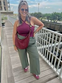 This is a 🛍️Shoppable🛍️ Pin!    Summer outfit, vacation outfit, going out outfit, date night outfit, elevated casual outfit Halter top, lounge pants, hobo bag, sunglasses midsize, curvy, outfit, idea, inspo, inspiration, outfit of the day, ootd, midsize ootd, curvy ootd, midsize outfit, curvy outfit, size 12, size 14, size 16, size18  #summerstyle #ootd #outfitoftheday #outfits #womenswear #womensstyle