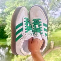 This is a 🛍️Shoppable🛍️ Pin!    adidas sambas, green adidas sambas, platform adidas sambas, adidas sambae midsize, curvy, outfit, idea, inspo, inspiration, outfit of the day, ootd, midsize ootd, curvy ootd, midsize outfit, curvy outfit, size 12, size 14, size 16, size18  #sneakers #adidas #adidasshoeswomen #sambas #sambasoutfits #trendy