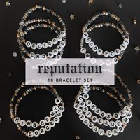 Don't be the only person without friendship bracelets at the Eras Tour! Whether you're buying them to keep or trade, these bracelets were made by hand by a fellow Swiftie. These bracelets are made with stretchy elastic, so no need to worry about annoying clasps. This Reputation set is inspired by the bold, rebellious, and electrifying album. Each bead was meticulously picked out to create the most authentic Reputation set.  1 set contains 10 bracelets!  Bracelets have a circumference of 6.75 inc