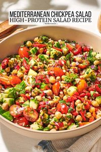 Vegan chickpea salad with avocado, tomato, roasted red pepper, parsley, mint. This gluten free, high protein salad recipe is ready in 10 minutes! 