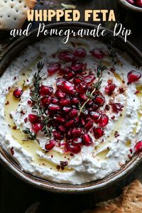 Try whipped feta and pomegranate dip, a creamy, tangy appetizer topped with vibrant pomegranate seeds—perfect for holiday parties. #WhippedFeta #HolidayDip