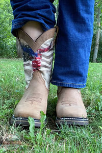 Show off your pride in the good old USA! Little kids Americana boot collection. Oiled tan leather vamp and crown, American flag and skull print design. Reboot boots have removable insoles to allow the boots to grow a full size with your child's growing feet! #roper #kidsboots