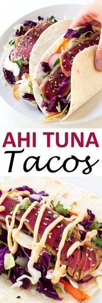 Ahi Tuna Tacos loaded with cabbage, cilantro, radishes and topped with a spicy…