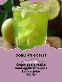 🍏 Embrace the mystery with Goblin's Goblet! 🍏🧙‍♂️ #GoblinsGoblet #MysticalSips Goblin's Goblet Ingredients: Green apple vodka (2 oz) Sour apple schnapps (1 oz) Lemon juice (1/2 oz) Sprite (to top) Green apple slice (for garnish) Instructions: Shake green apple vodka, sour apple schnapps, and lemon juice with ice. Strain into a goblet. Top with Sprite. Garnish with a green apple slice. Unleash your inner goblin! 🍏✨ #MysticalDrinks #RecipeInspire