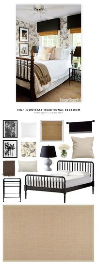 A modern country chic guest bedroom in black and white designed by Tobi Tobin and featured in House Beautiful. Recreated for less by Copy Cat Chic by @audreycdyer