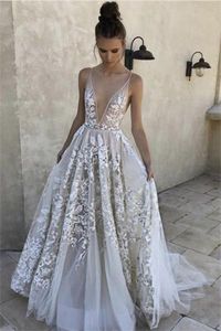 Lovely Long Deep V-neck Lace Tulle Spaghetti Straps Princess Prom Dresses Z0696