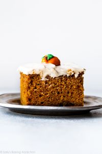 Perfectly spiced, rich, and moist pumpkin cake is topped with luxuriously creamy and tangy cream cheese frosting. It’s simply the best pumpkin cake I’ve ever had. Recipe on sallysbakingaddiction.com