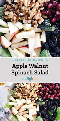 This apple walnut spinach salad is a great way to make lunches during the week a breeze by adding your favorite proteins to make it a complete meal! A flavorful dressing with some added raisins and pomegranate make this a unique healthy salad! Paleo, Gluten-Free, Dairy-Free + Refined Sugar-Free. | #paleo #salad realsimplegood.com via @realsimplegood