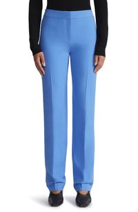 A pocketless design maintains the streamlined look of these sleek straight-leg pants crafted from fluid wool-and-silk crepe. 33" inseam; 17 1/2" leg opening; 10" front rise; 16" back rise (size 8) Zip fly with hook-and-bar closure 70% wool, 30% silk Dry clean Imported Women's Designer Clothing