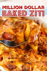 Classic Italian comfort food, Million Dollar Baked Ziti, is reminiscent of lasagna but effortless to throw together. This is a great family weeknight dinner and doubles easily for a crowd.