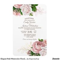 Elegant blush pink watercolor floral on white, modern botanical / garden style wedding invitation magnet.  #pinkroses #watercolorfloral #weddinginvitation