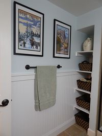 Goal project completed, basement guest bathroom redecorated.  Bead board wainscotting and painted BM Ocean Air.  New Fort Collins framed prints.