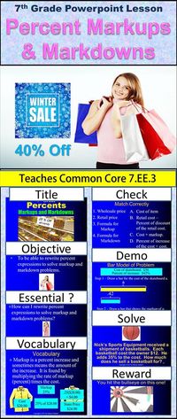 Seventh Grade Percent Markups and Markdowns teaches students how to find the percent markup or markdown on a given price. #markups #markdowns #percent