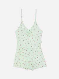 Womens Light Green Strawberry Print Ribbed Pyjama Romper | Primark