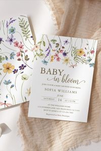 Wildflowers Baby in Bloom Baby Shower Invitation Baby in Bloom baby shower invitation features pretty blooms and script text. Personalize with your details! #babyshower #babyshowersgifts #babyshowercards #babyshowerparty #newborn #floral #wildflower