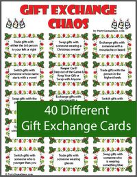 Gift Exchange game includes a variety of gift exchange cards and blank cards too. Look like fun.