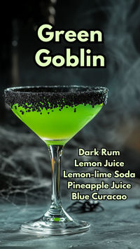 The Green Goblin Cocktail is a vibrant and spooky drink that’s perfect for Halloween or any themed gathering. This colorful concoction combines the tropical flavors of dark rum, pineapple juice, and lemon juice with a splash of blue curaçao, all topped with fizzy lemon-lime soda. The black sugar rim adds an eerie touch, making this cocktail as visually striking as it is delicious.  #greengoblincocktail #halloweencocktails via @mybartender