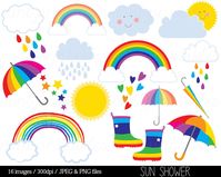 Rainbow Clipart Clip Art Rain Cloud Raindrops Sun Sky Stars | Etsy