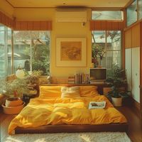 Step into this charming 1960s Tokyo bedroom in a tiny modernist house. With warm yellow tones, lush greenery, and natural light, it perfectly blends vintage and minimalist design. Ideal inspiration for small, stylish interiors. #1960shouse #CozyBedroom #VintageStyle #tokyoarchitecture #suburbia #yellowinterior #architecturephotography #yellowaesthetic