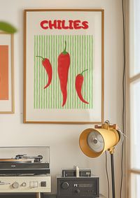 Chilies Wall Decor, Red Pepper, Food Poster, Hot Spice Food Poster, Kitchen Wall Decor, Maximalist Art, Trendy Wall Art, Red Green Wall Art ----- We are here to help you create laid-back spaces, filled with stylish and simple art displays. Whether on top of a living room console or a bedroom dresser, above a couch or in bathroom, wall art prints are an effortless way to elevate a space and make it more inspiring while working from home. This satin poster brings all artwork to life on top-tier qu