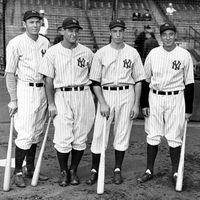 The heart of the 1936 Yankees: From left to right, Hall of Famers Bill Dickey, Lou Gehrig, Joe DiMaggio in his rookie year and Tony Lazzeri.