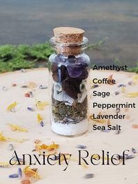 A blend of intentional herbs and crystals creates this anxiety relief spell jar