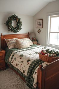 Welcome overnight guests with joyful Christmas decorations in the guest room. Dress the bed with a comforter featuring a subtle snowflake or reindeer design. Place a small, pre-lit tabletop tree on a dresser, and use a festive wreath on the door inside the room. A basket filled with holiday treats and a small stack of holiday magazines or books can sit on the nightstand. Tap for more Christmas decorating ideas to make your guest room festive and welcoming.