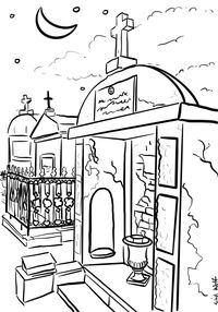 This printable coloring page fits perfectly with the spooky! This is a digital download you print yourself. I created this page from one of the photos I've taken over my many years living in New Orleans. This cemetery is specifically St. Louis Cemetery No. 1 This is a perfect addition to a Halloween party, just print and color!