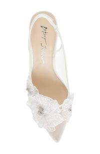 Embellished floral appliqués stand out against the mesh upper of an elegant slingback pump framed by a pointy toe and wrapped block heel. 3" heel Elasticized slingback strap Cushioned footbed Textile upper/synthetic lining and sole Imported