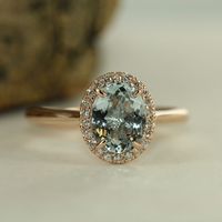 Handmade Natural Aquamarine Engagement Ring In 14K Rose Gold 9x7mm Oval Aquamarine Wedding Ring Halo Diamond Ring-Bridal Set Available