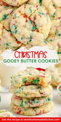 These Christmas Gooey Butter Cookies are a festive take on a classic cake mix cookie. With a soft, melt-in-your-mouth texture thanks to the cream cheese, they're easy to make and perfect for holiday cookie exchanges. Add sprinkles for a Christmas touch that everyone will love.