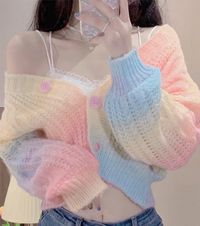 Pastel Rainbow Cropped Sweater Cardigan One Size Bust: 90cm Length: 39cm Sleeve: 57cm