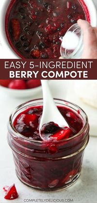 This easy 5-ingredient berry compote recipe takes just 10 minutes to make and is the perfect topping for desserts, morning dishes like pancakes and oats, and more! | how to make berry compote | how to make mixed berry compote | homemade berry compote | easy mixed berry compote | easy berry compote recipe | best mixed berry compote | mixed berry fruit compote | berry compote topping | berry compote dessert