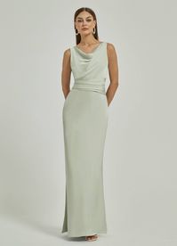 With its cowl neck and pleated waist, the sleeveless satin mermaid bridesmaid dress is a fresh spin on a classic, seductive, and elegant. Dresses with hollow-out backless designs highlight your gorgeous back. It is different from the usual design style that breaks the mold and highlighting your beauty. Product DetailProduct Code: EB30521 Ruth.Length: Floor Length.Silhouette: Sheath/ Column.Neckline: Cowl.Straps&Sleeves: Sleeveless.Built-In Bras: No.Lining: Yes.Boning: No.Embellishment: Pleated.C