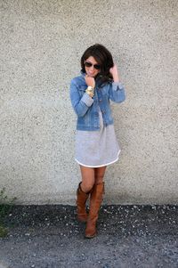 Jillian Harris - cute fall outfit! Cotton dress with jean jacket & boots - maybe add tights or leggings for cooler weather