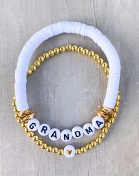 Grandma Beaded Bracelet Stack 💟 Personalize with Nana, Gigi, Nonna, Grammy A sweet little gift for your grandma 💜 CARING TIPS FOR YOUR JEWELRY ⭐️Treat and store with care. ⭐️ For longevity, avoid exposing your jewelry to water. ⭐️ Avoid having direct contact with lotions, perfumes, sanitizers as these chemicals may cause discoloration of your jewelry.