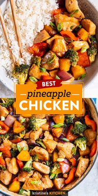 This Pineapple Chicken is an easy stir fry recipe made with chicken, canned pineapple, broccoli and teriyaki sauce. Serve it with green onions and rice for an easy dinner!