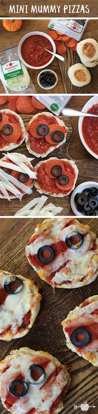 These Mini Mummy Pizzas are a perfect way to get the kids involved in their Halloween meals! Click for the spooky (and fun!) recipe.