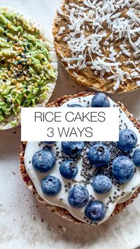  

1. Lightly salted rice cake topped with mashed avocado and EBTB seasoning

2. Lightly salted rice cake topped with almond butter and unsweetened coconut flakes

3. Chocolate rice cake topped with vanilla Greek yogurt, fresh blueberries, and chia seeds

