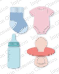 Craft die from Impression Obsession featuring a baby bottle, clothes, sock and pacifier!  This is a set of 7 dies. They measure between 1-1/2 and 2 inches tall.