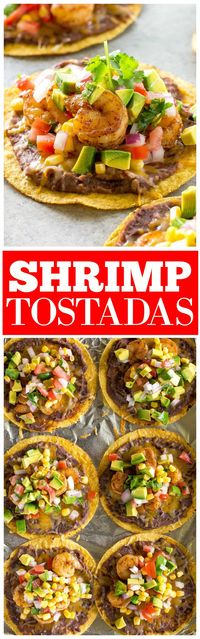 Shrimp Tostadas with black beans, avocado, onions, tomatoes, and cilantro. the-girl-who-ate-everything.com