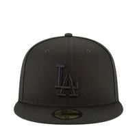 NEW ERA LOS ANGELES DODGERS 59FIFTY FITTED CAPWhere sport meets fashion. The New Era Los Angeles Dodgers Blackout Basic 59FIFTY Fitted Cap features an embroidered Dodgers logo at the front panels with the MLB Batterman logo at the rear. A gray undervisor contrasts the black upper, adding a classic touch. Officially Licensed Flat Bill Structured Fit 6-Panel Construction Embroidered Eyelets 100% Polyester Imported