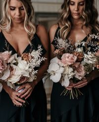 The white orchids, pink roses, and brown neutral tones coupled with the textured leaves are stunning for a modern bouquet.