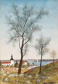 Artwork by Oskar Bergman, Spring landscape with Birch trees, Made of Watercolour